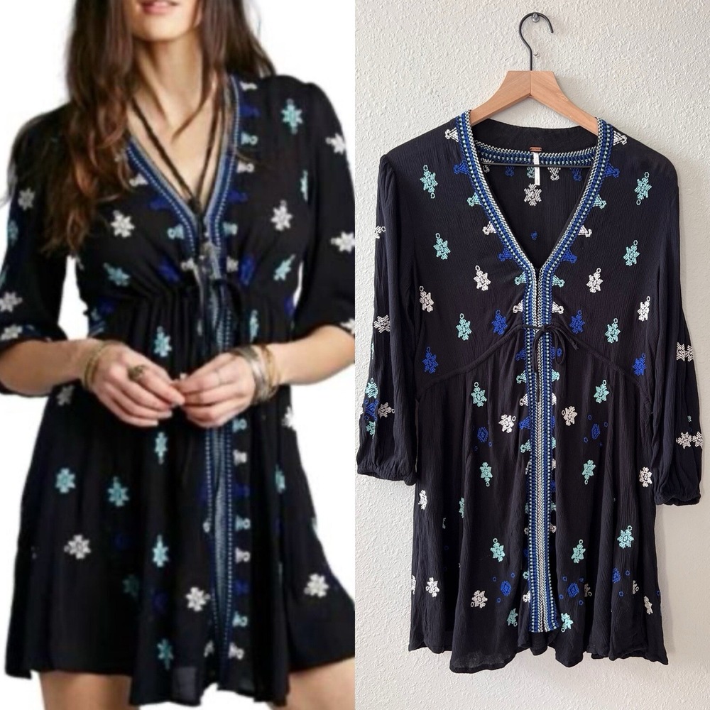 Free People Star Gazer Embroidered Mini Dress Boho Peasant Tunic Black Blue Sz S
